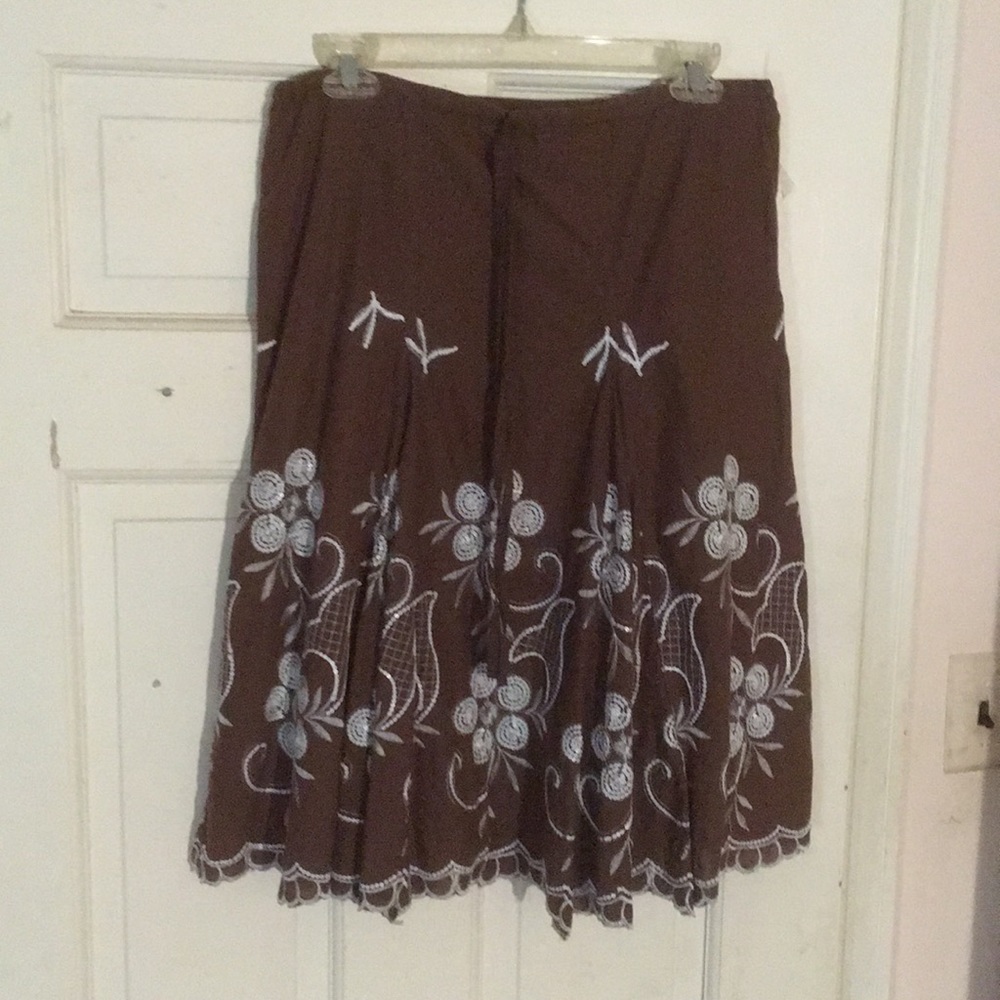 Brown & White Floral A-line Skirt. Beading